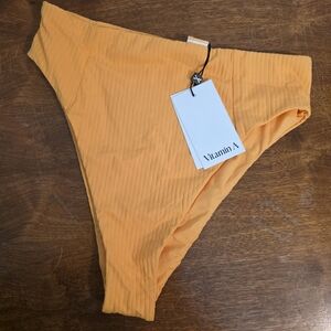 NWT Vitamin A ERIM High Waisted Swimsuit Bikini Bottom Orange Ribbed Swim Large